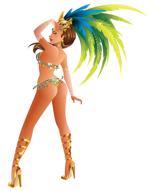 Festival kostüm giyen bir güzel karnaval kız dans ediyor - Vektör, Görsel