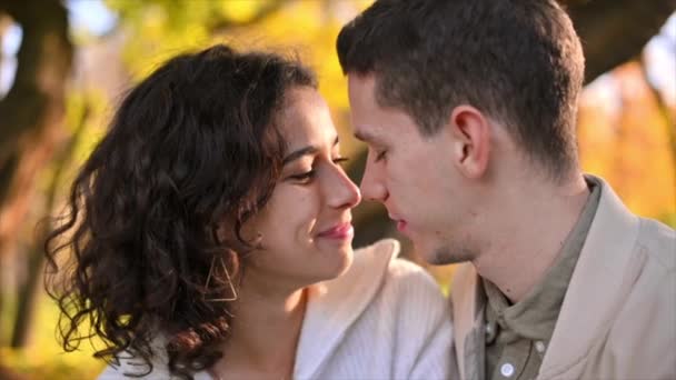 A romantic couple in an autumn park. Man kissing his woman. Autumn atmosphere, yellowed trees and leaves on background. Slow motion - Footage, Video