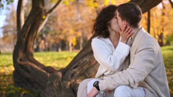 Una pareja romántica en un parque de otoño. Besándonos el uno al otro. Atmósfera otoñal, árboles amarillentos y hojas alrededor. Movimiento lento - Metraje, vídeo