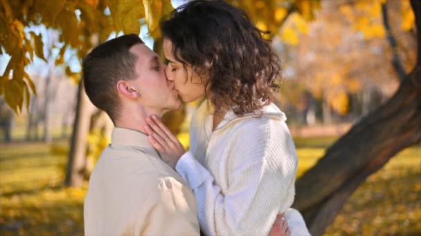 A romantic couple in an autumn park. Kissing each other. Autumn atmosphere, yellowing trees and leaves around. Slow motion - Footage, Video