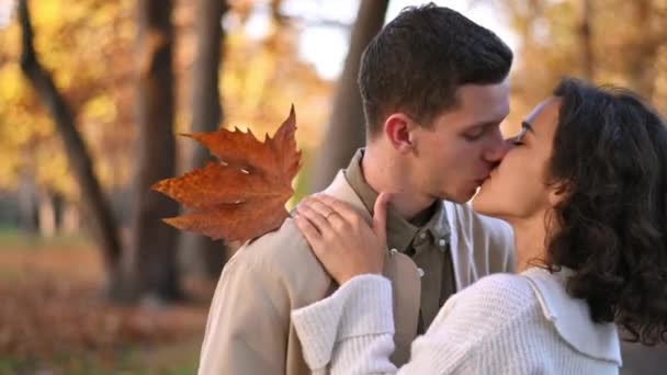 Una pareja romántica en un parque de otoño. Besándonos el uno al otro. Atmósfera otoñal, árboles amarillentos y hojas en el fondo - Metraje, vídeo