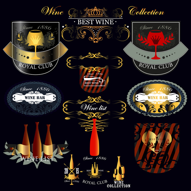 Conjunto de elementos de estilo vintage para etiquetas e insignias para vino, viñedo, club de vinos y restaurante
. - Vector, imagen