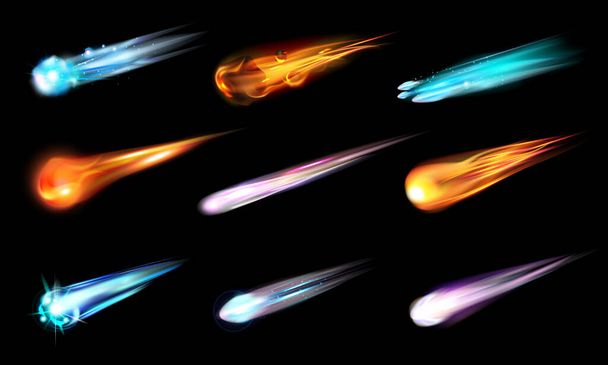 Spazio realistico meteora stella cometa set con icone isolate immagini colorate di meteoriti volanti con croce vettoriale illustrazione - Vettoriali, immagini