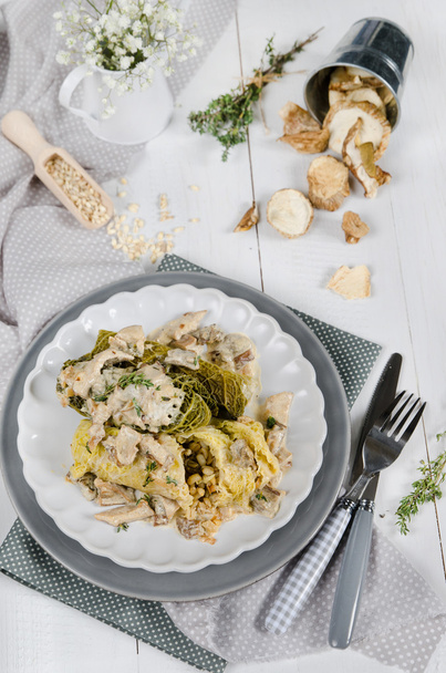 Close-up view of stuffed cabbage with barley and wild mushrooms - Foto, imagen