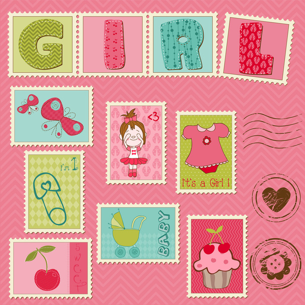 Baby Girl Postage Stamps - Vettoriali, immagini