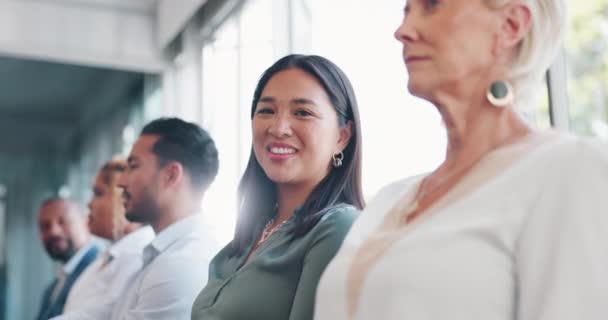Happy, woman face and office team in business meeting line ready for corporate teamwork and success. Business, employee and marketing agency worker with a proud smile about marketing goals and growth. - Video