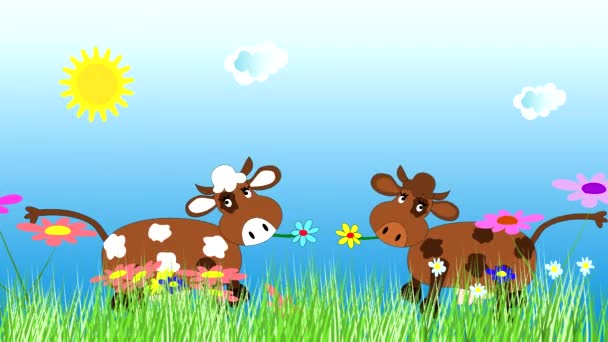 Funny cow dancing and grazing on a green meadow - Footage, Video