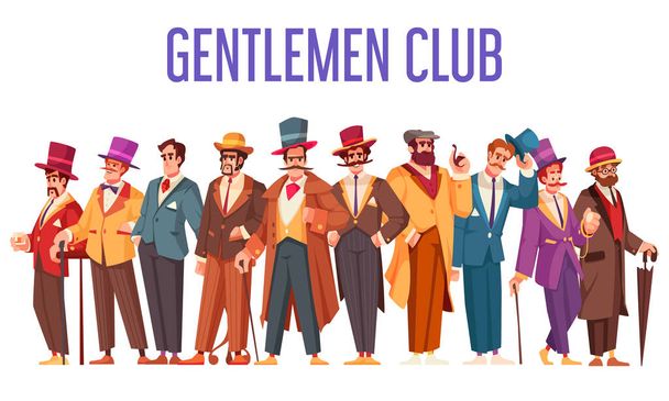 Gentlmen klub kreslený koncept s muži ve starém stylu luxusní oblečení vektorové ilustrace - Vektor, obrázek