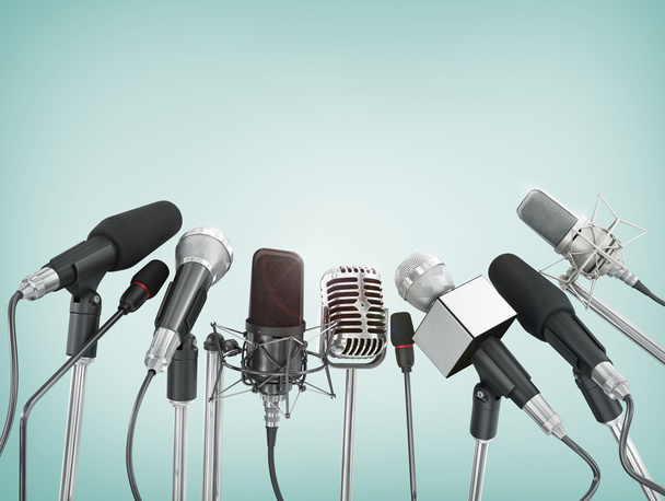 Various microphones aligned at press conference. - Fotografie, Obrázek