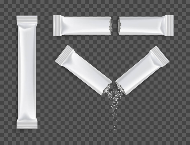 Conjunto de vara de embalagem de saqueta realista com fundo transparente e vista superior da ilustração vetorial de varas inteiras e quebradas - Vetor, Imagem