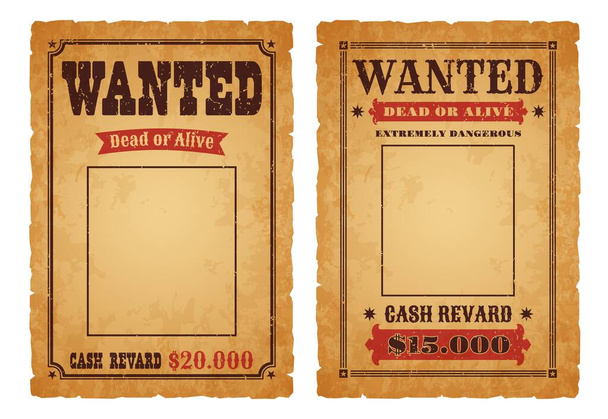 Western wanted, dead or alive vintage banner. Wild West criminal or outlaw wanted reward grunge vector poster. America Texas robber hunt vector paper banner with retro typography, old paper texture - Vector, Image