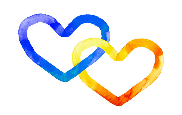 Serca w kolorze niebieskim i żółtym, flaga Ukrainy, ręcznie rysowane. Symbole Ukrainy na białym tle. - Zdjęcie, obraz