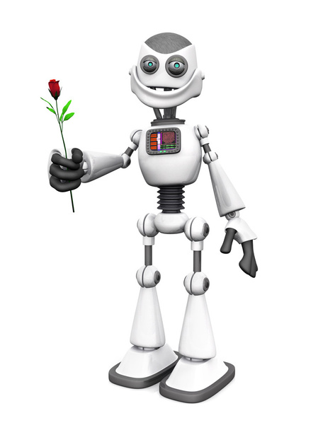 White smiling cartoon robot holding rose. - Zdjęcie, obraz