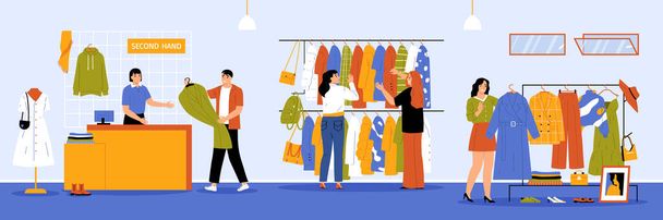 Dimanche marché intérieur fond horizontal avec les visiteurs choisissant des vêtements d'occasion illustration vectorielle plat - Vecteur, image