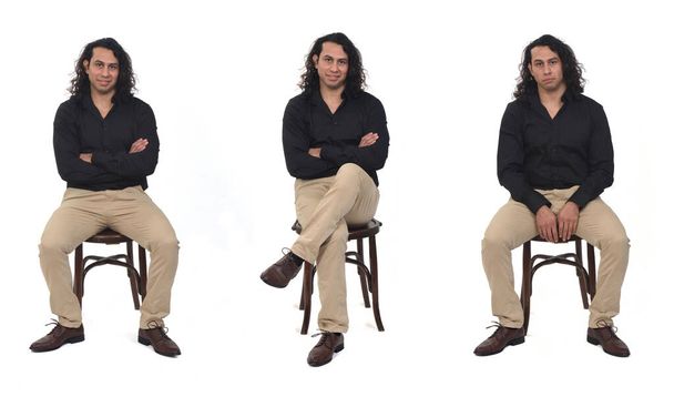 front  view of same man with shoes and shirt sitting on chair on white background - Fotó, kép