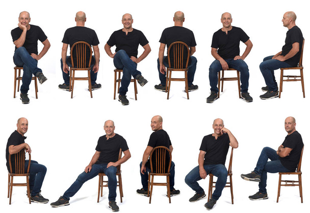 同じ男の大集団が椅子に座っている様々なポーズ白い背景 - 写真・画像