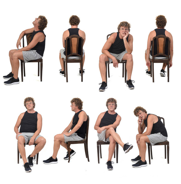 varie pose di gruppo dello stesso uomo seduto sulla sedia con abbigliamento sportivo su sfondo bianco - Foto, immagini