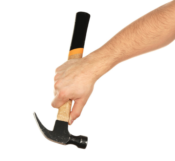 Male hand with hammer isolated on white - Φωτογραφία, εικόνα