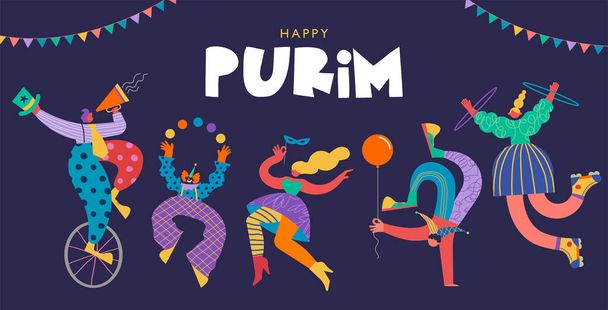Hyvää Purim - juutalainen loma, karnevaali. Värikäs geometrinen tausta abstrakteja ihmisiä, klovneja, muusikoita, tanssijoita. Vektorisuunnittelu - Vektori, kuva