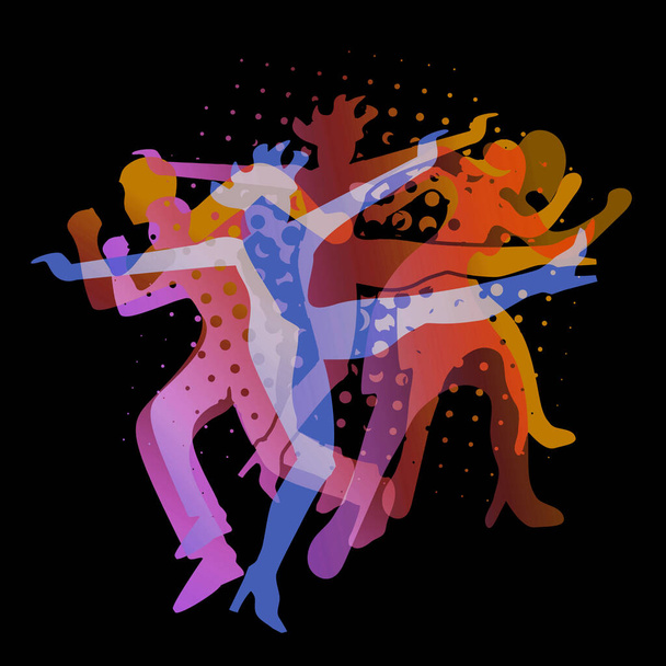 Młodzi imprezowicze tańczący w klubie disco. Wyraźna kolorowa ilustracja żywych tańczących ludzi na czarnym tle. - Zdjęcie, obraz