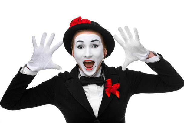 Portrait of the surprised and joyful mime with open mouth - Fotó, kép