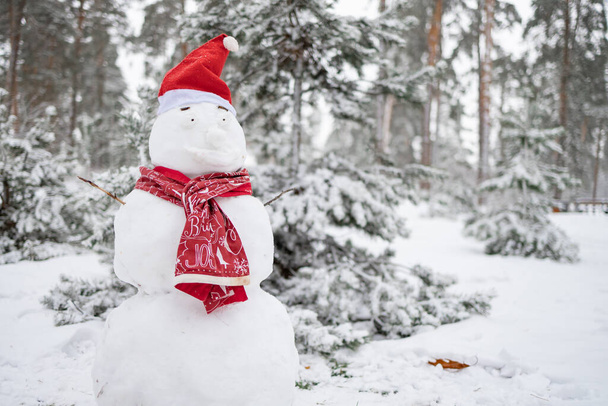Karácsonyi hóember piros sállal, mesés havas nappal. Gyönyörű téli háttér. - Fotó, kép