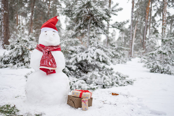 Рождественский снеговик в красном шарфе в снежном лесу. Красивый зимний фон. Забавный снеговик с подарочной коробкой в парке. - Фото, изображение
