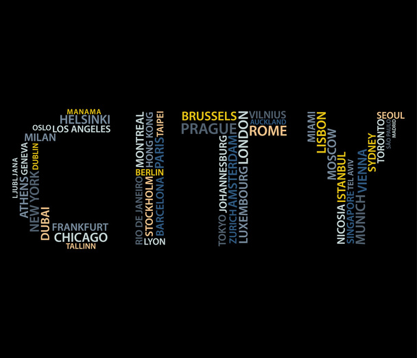 Word city made from names of big cities - Vector, Image