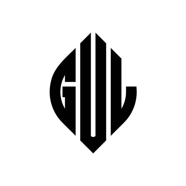 GUL körbetű logó design kör és ellipszis alakú. GUL ellipszis betűk tipográfiai stílusban. A három monogram egy kör logót alkot. GUL Circle Emblem Absztrakt Monogram Betűjel Vektor. - Vektor, kép