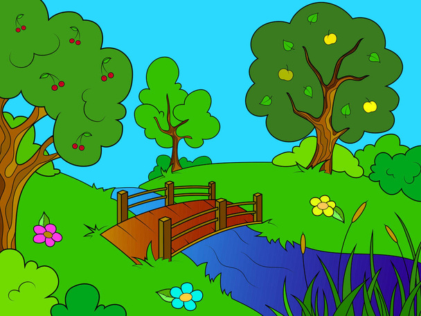 Landschaft Natur, Garten mit Bäumen und Fluss. Holzbrücke. Kinder-Farbbuch. - Vektor, Bild