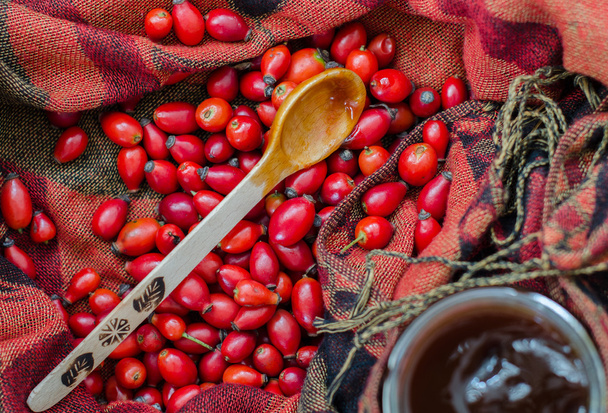 Rose-hip berries and spoon with jam on fabric terracotta color - Photo, Image