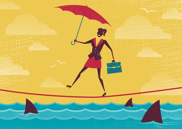 Businesswoman walks Tightrope with Umbrella.  - Vector, Image