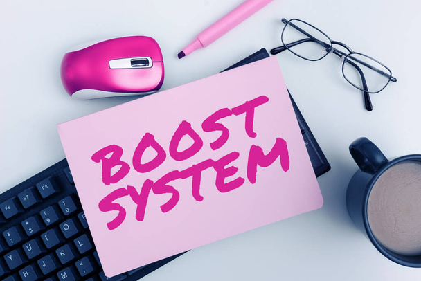 Inspiráló szöveg Boost System, Concept jelentése Fiatalító Frissítés Erősítse meg egészségesebb Holisztikus megközelítés - Fotó, kép