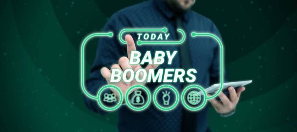 Sign exibindo Baby Boomers, conceito que significa pessoa que nasce em anos após a Segunda Guerra Mundial - Foto, Imagem