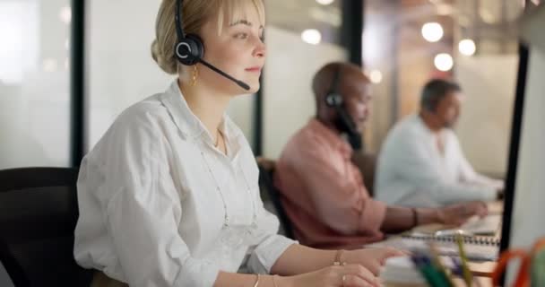 Call center, telemarketing and woman on computer for customer service, consultant and business crm in office. Sales, support and contact us on desktop, telecom consulting and microphone communication. - Séquence, vidéo