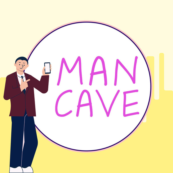 Inspiratie teken Man Grot, Woord Geschreven op een kamer, ruimte of gebied van een woning gereserveerd voor een mannelijke persoon - Foto, afbeelding