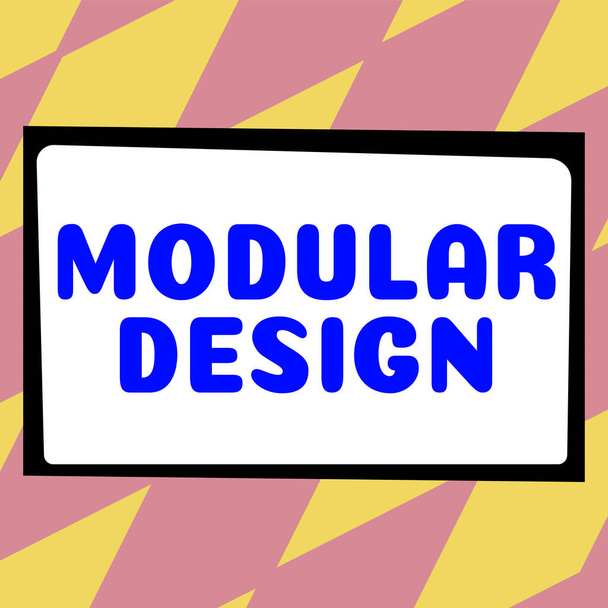 Κείμενο λεζάντα παρουσίαση Modular Design, Word Γράφτηκε για το σχεδιασμό του προϊόντος για την παραγωγή του προϊόντος με την ενσωμάτωση ή το συνδυασμό ανεξάρτητων μερών - Φωτογραφία, εικόνα