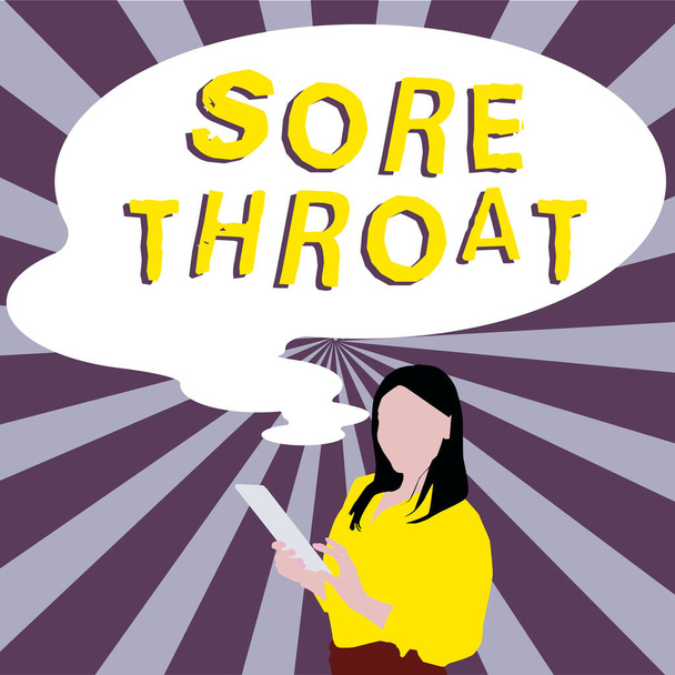徴候を示すインスピレーション｜Sore Throt, Internet Concept炎症は、刺激によって引き起こされた咽頭と顔を炎症させます。 - 写真・画像