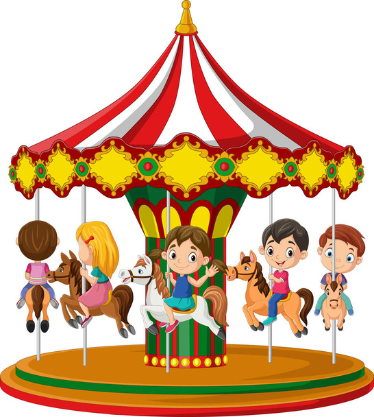 Cartoon little children on the carousel with horses - Vector, Image