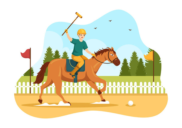 Polo-Pferdesport mit Spieler Reiten Pferd und Haltestab Verwendung Ausrüstung Set in flachen Cartoon Poster Hand gezeichnete Vorlage Illustration - Vektor, Bild