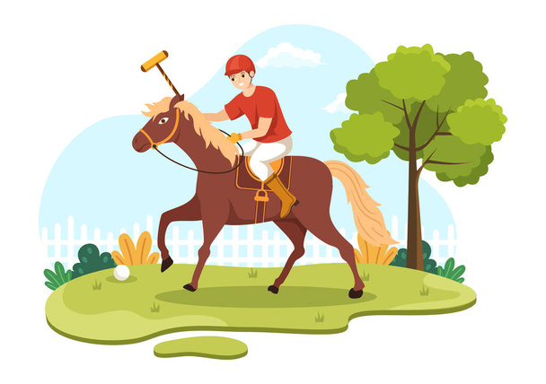 Polo Cavalo Esportes com Jogador Equitação Cavalo e Segurando Vara usar equipamentos definidos no plano Cartoon Poster mão modelo desenhado Ilustração - Vetor, Imagem