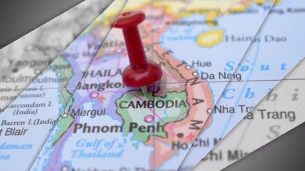 Una elegante animación de diapositivas de Push Pin señalando el área geográfica de Camboya en el mapa del mundo  - Metraje, vídeo
