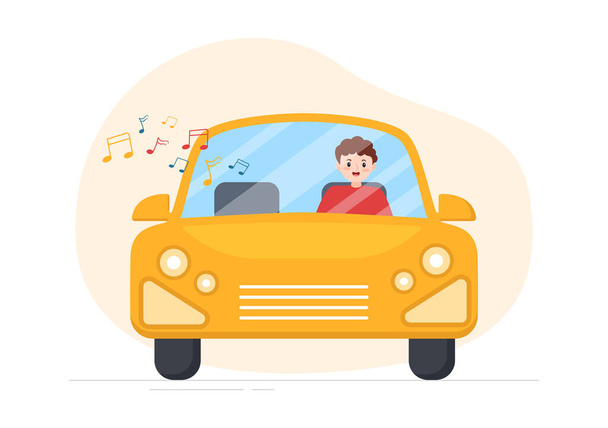 Ajo auto kuuntelee musiikkia kovaäänisillä kaiuttimilla tai äänijärjestelmä tasainen sarjakuva Juliste Käsin piirretyt mallit Kuvitus - Vektori, kuva
