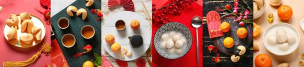 Коллекция вкусного печенья с предсказаниями и китайских символов на столе - Фото, изображение