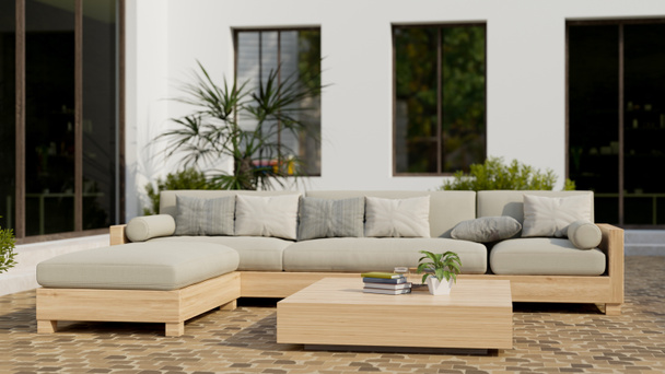 Современный дом на открытом воздухе или зона отдыха с удобным диваном и минимальным деревянным журнальным столиком на каменном полу, растения на стене дома. 3D рендеринг, 3D иллюстрация - Фото, изображение