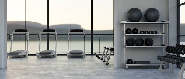 Modern fitness tornaterem belsőépítészet futógépekkel az üvegfalhoz, súlyzókhoz és sportfelszerelésekhez. 3D render, 3D illusztráció - Fotó, kép