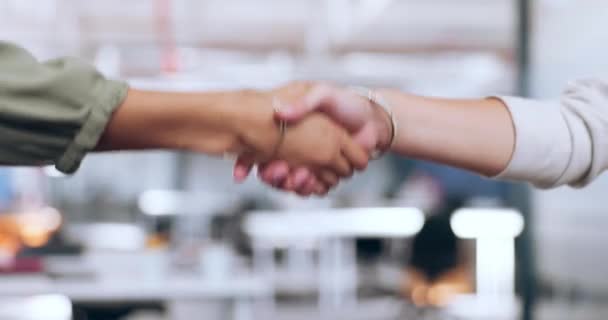 Handshake, partnership and hands of business women in corporate office for collaboration, teamwork and support. B2b, networking and workers shaking hands for welcome, thank you and deal in meeting. - Footage, Video