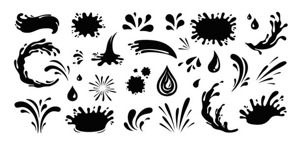 Splash silhouet met druppels. Waterdruppels vormen, vloeibare burst spatten en inkt vlek hand getrokken vector set van silhouet druppel, druppel vloeistof illustratie - Vector, afbeelding