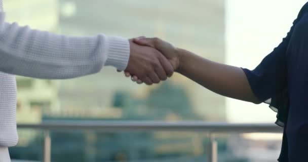 Handshake, negócio e parceria, colaboração e pessoas de negócios trabalhando juntos na cidade. Obrigado, trabalho em equipe e pessoas apertando as mãos em acordo, bem-vindo e recrutamento, onboarding ou contratação - Filmagem, Vídeo
