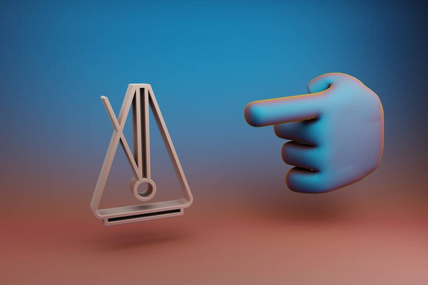 Όμορφες εικόνες αφηρημένη Δείκτης Χέρι δείχνει στο Big Metronome σύμβολο εικονίδιο σε ένα πολύχρωμο φωτεινό φόντο. 3D απεικόνιση. Σχέδιο φόντου για το σχεδιασμό. Μουσικό αντικείμενο. - Φωτογραφία, εικόνα